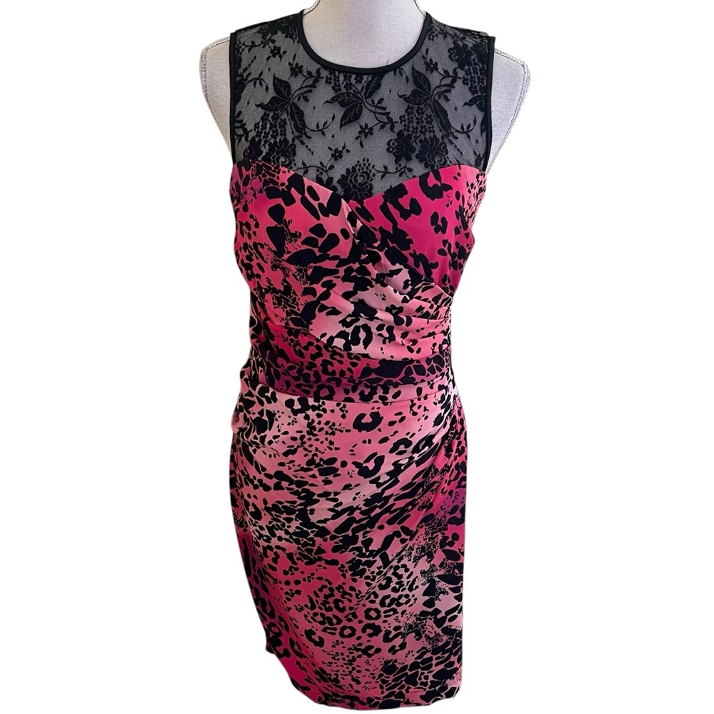 Ricki Freeman for Teri Jon Pink/Red Animal Print Sleeveless Ruched Dress 6